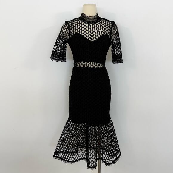 BARDOT Fiona Mesh Short Sleeve Trumpet Midi Dress in Black US 4/XS NWT - Picture 2 of 13